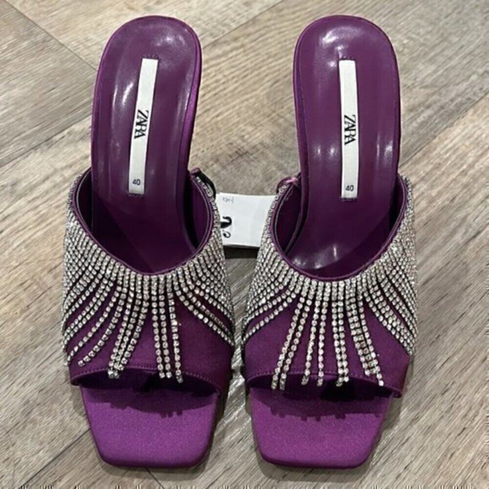Zara Purple Rhinestone Fringe Mule Heels Statement Sandals NWT - Picture 6 of 14